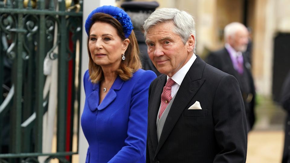 Michael Middleton and Carole Middleton, Catherine, Princess of Wales's parents arrive at the Coronation of King Charles III and Queen Camilla on May 6, 2023 in London