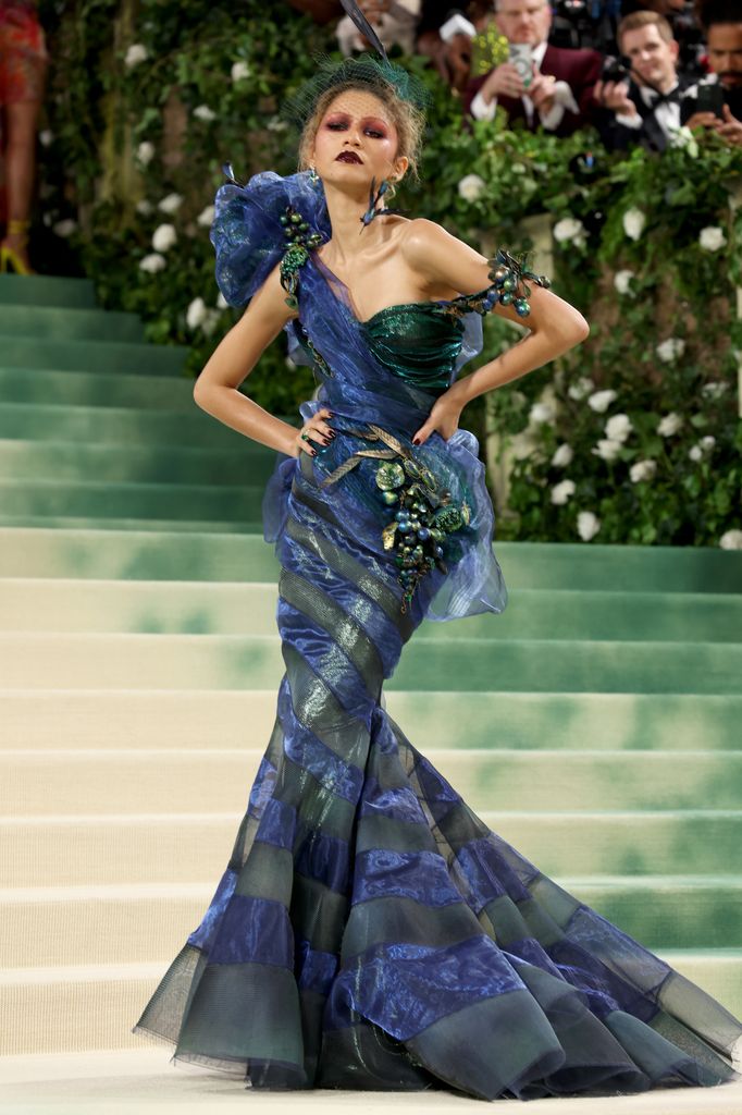 Zendaya wore a dramatic blue galliano gown to the 2024 Met Gala.