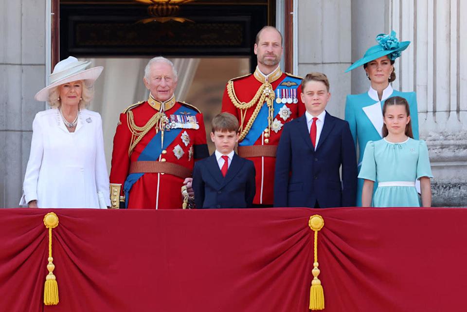 Queen Camilla, King Charles III, Prince Louis of Wales, Prince William, Prince of Wales, Prince George of Wales, Catherine, Princess of Wales and Princess Charlotte of Wales on the balcony at Buckingham Palace during Trooping The Colour 2025.Chris Jackson/Getty Images