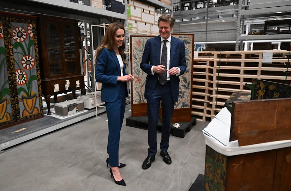LONDON, ENGLAND - JUNE 10: Catherine, Princess of Wales talks with Tristram Hunt Director of The V&A during a visit to the V&A East Storehouse on June 10, 2025 in London, England. Opened on 31 May, V&A East Storehouse reinvents the idea of a museum store and offers free, unprecedented public access to the V&A collections and archives. (Photo by Eddie Mulholland - WPA Pool/Getty Images)Eddie Mulholland - WPA Pool/Getty Images