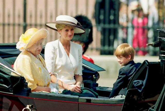 Getty The Queen Mother, Princess Diana, and Prince Harry at Trooping the Colour on June 13, 1992
