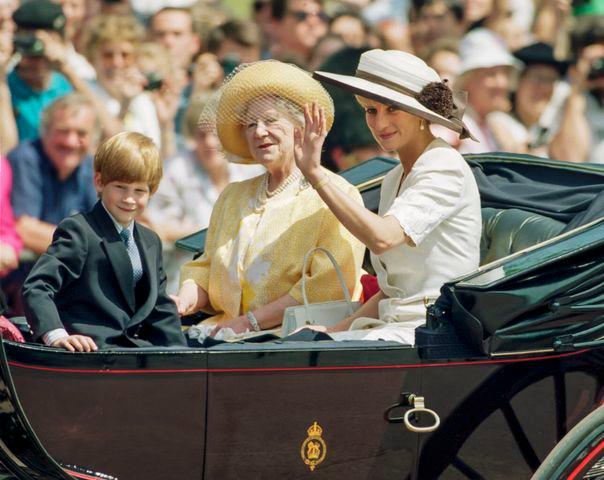 Getty Prince Harry, The Queen Mother, and Princess Diana on June 13, 1992