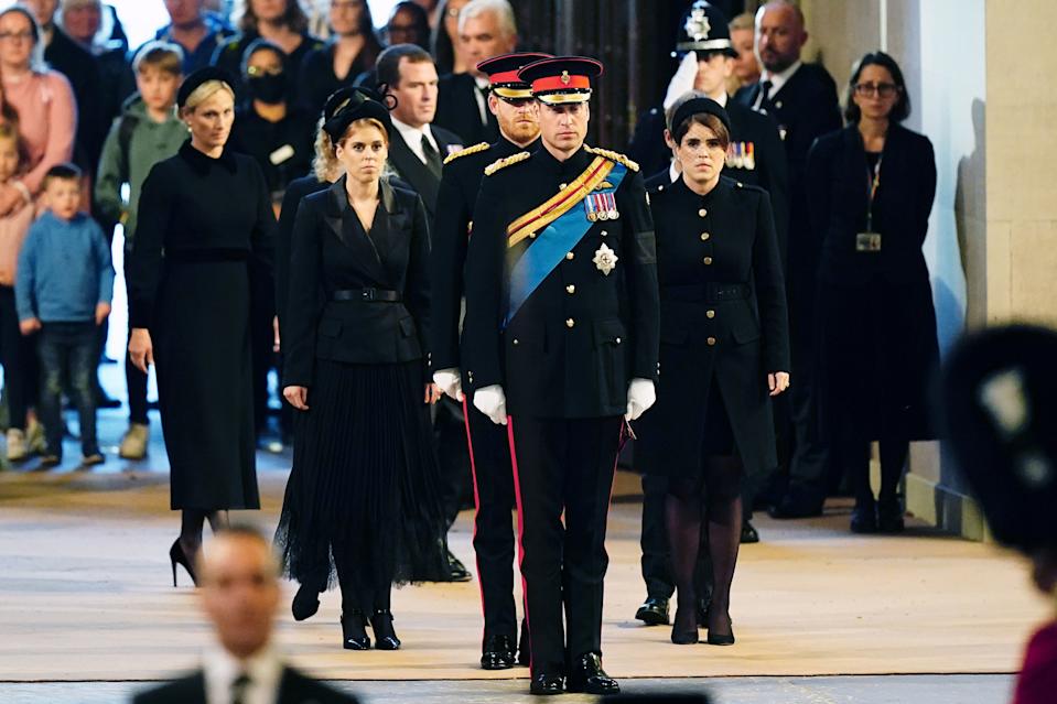 Princess Beatrice, Zara Tindall, Peter Phillips, Prince Harry, Prince William and Princess Eugenie at a vigil for Queen Elizabeth