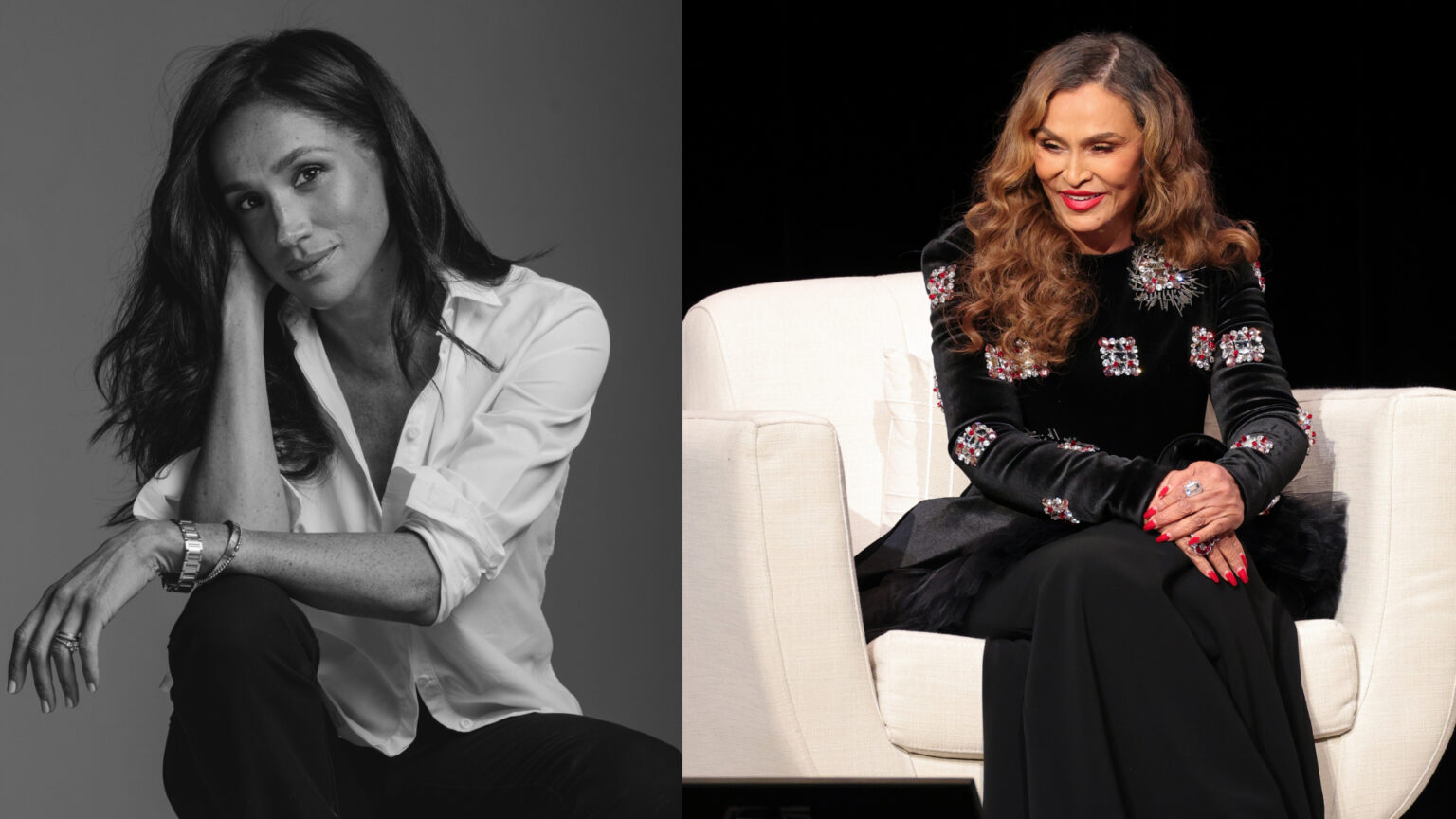 Meghan Markle on the “Extraordinary Advice” Tina Knowles Gave Her During New Bonus Podcast Episode A black and white photo of Meghan Markle in a white shirt next to a photo of Tina Knowles in a black beaded top sitting in a chair smiling