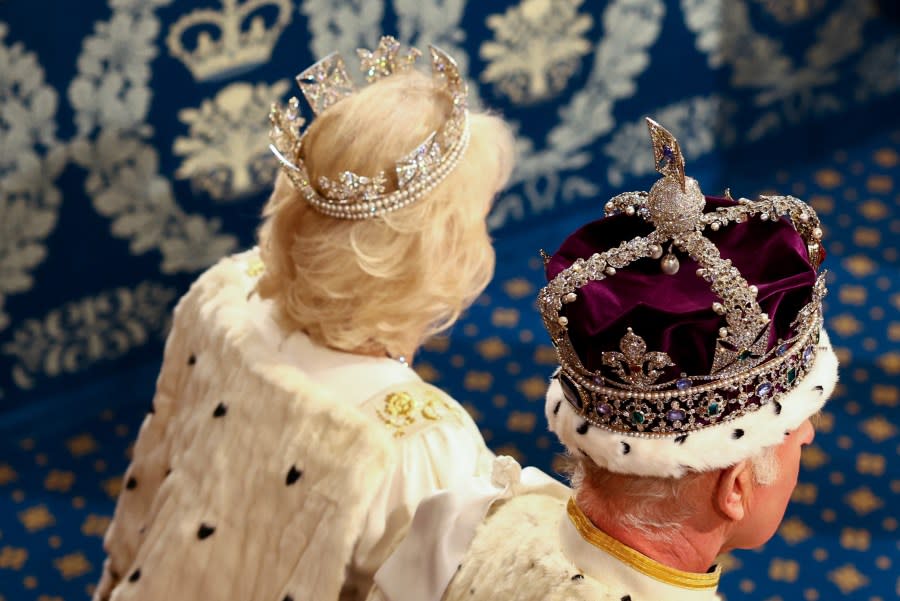 LONDON, ENGLAND – JULY 17: King Charles III wears the Imperial State Crown and Queen Camilla wears the Diamond Diadem during a ceremony on the day of the State Opening of Parliament at the Palace of Westminster, on July 17, 2024 in London, England. King Charles III delivers the King’s Speech setting out the new Labour government’s policies and proposed legislation for the coming parliamentary session. (Photo by Hannah McKay – WPA Pool/Getty Images)
