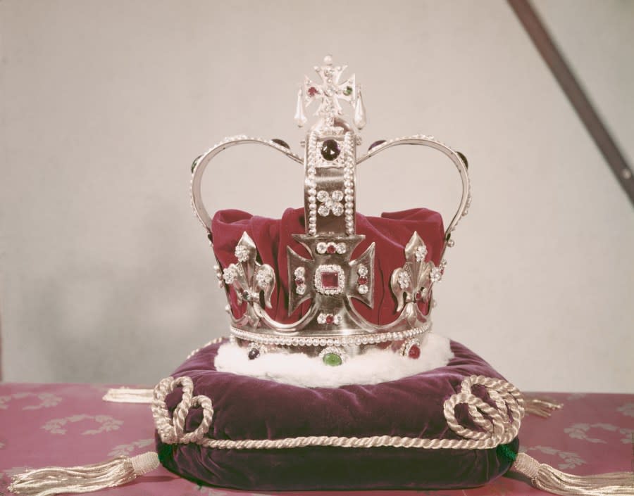 Part of the Crown Jewels of the United Kingdom, UK, circa 1960. Possibly St Edward’s Crown. (Photo by Archive Photos/Getty Images)