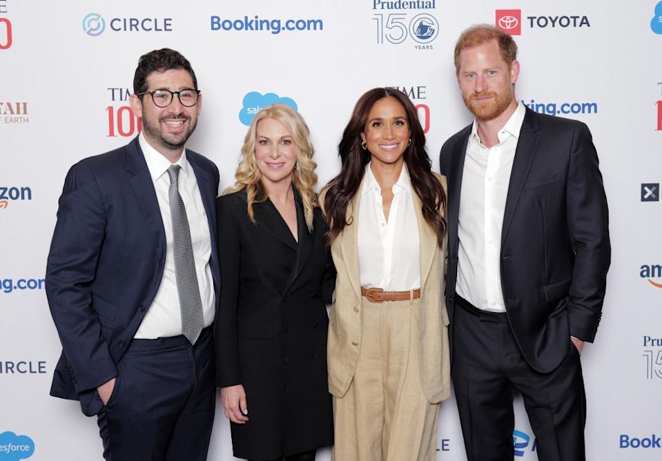 NEW YORK, NEW YORK – APRIL 23: (L-R) Sam Jacobs, Meghan, Duchess of Sussex, Jessica Sibley and Prince Harry, Duke of Sussex attend the 2025 TIME100 Summit at Jazz at Lincoln Center on April 23, 2025 in New York City. (Photo by Craig Barritt/Getty Images for TIME)