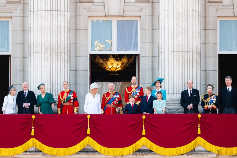 LONDON, ENGLAND - JUNE 14: Birgitte, Duchess of Gloucester, Prince Richard, Duke of Gloucester, Sophie, Duchess of Edinburgh, Prince Edward, Duke of Edinburgh, Queen Camilla, King Charles III, Prince Louis of Wales, Prince William, Prince of Wales, Prince George of Wales, Catherine, Princess of Wales, Princess Charlotte of Wales, Prince Edward, Duke of Kent, Princess Anne, Princess Royal and Vice Admiral Sir Timothy Laurence during Trooping The Colour 2025 on June 14, 2025 in London, England. Trooping The Colour is a ceremonial parade celebrating the official birthday of the British Monarch. The event features over 1,400 soldiers and officers, accompanied by 200 horses. More than 400 musicians from ten different bands and Corps of Drums march and while performing. (Photo by Samir Hussein/WireImage)