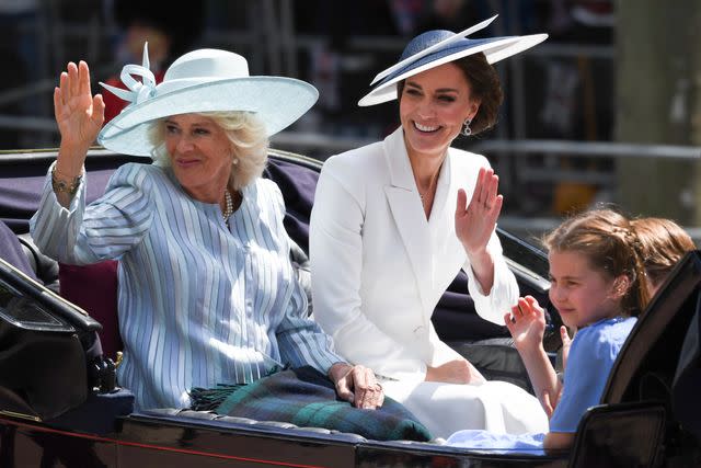 Getty Queen Camilla, Kate Middleton, and Princess Charlotte at Trooping the Colour on June 2, 2022