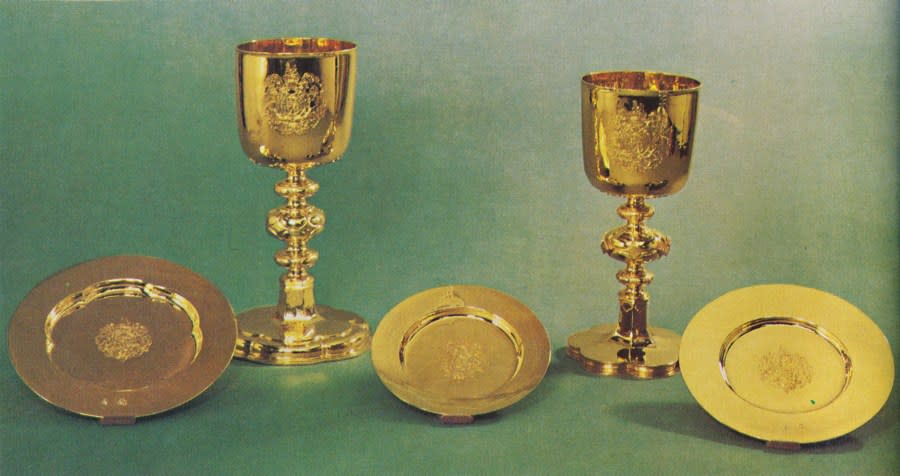 ‘Chalices and patens’, 1953. The pieces (17th century) are part of the Royal Collection at the Tower of London. From The Crown Jewels, by Martin Holmes FSA. [Her Majesty’s Stationery Office, London, 1953]Artist Unknown. (Photo by The Print Collector/Getty Images)
