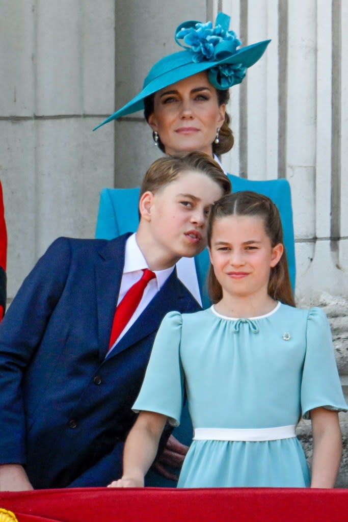 Prince George, 11, was seen chatting to his sister, Princess Charlotte, 10, during the RAF flypast. MEGA