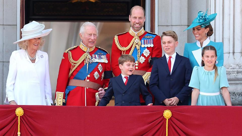 Queen Camilla, King Charles III, Prince Louis of Wales, Prince William, Prince of Wales, Prince George of Wales, Princess Charlotte of Wales and Catherine, Princess of Wales during Trooping The Colour 2025 on June 14, 2025 in London, England. (Chris Jackson/Getty Images)