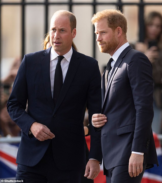 William and Harry look at the Flowers at Cambridge Gate at Windsor Castle in September 2022