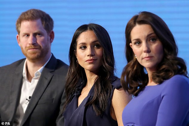 Harry, Meghan and Kate are pictured during the first Royal Foundation Forum in 2018