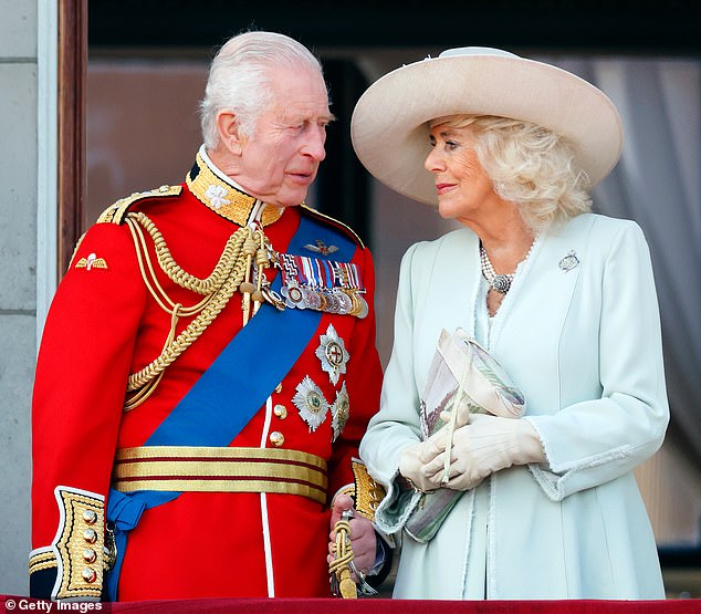 Queen Camilla opted for a pale blue Anna Valentine outfit - a serene, soft hue long associated with calm authority and poise