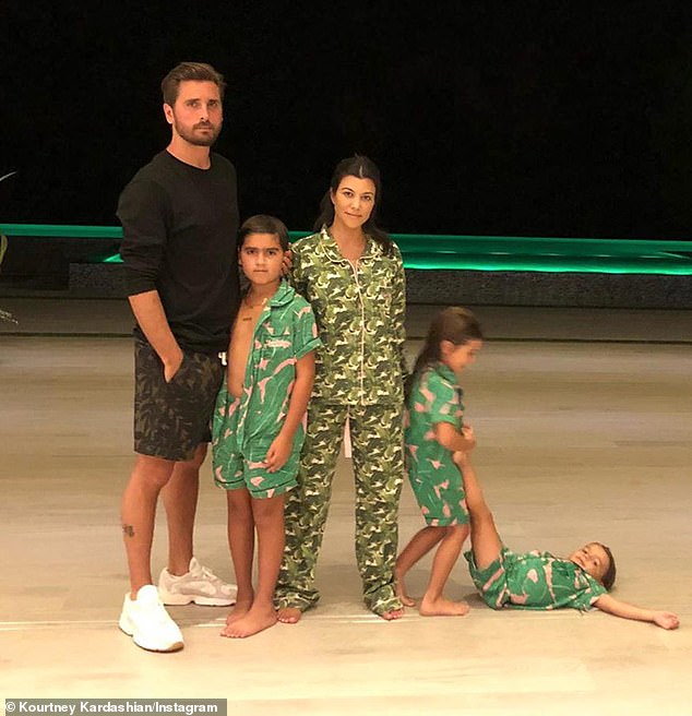 The 45-year-old reality star (M) famously ended her on/off nine-year relationship with the 42-year-old Talentless CEO (L) in 2015 shortly after he publicly canoodled with stylist Chloé Bartoli (2018 family portrait)