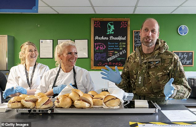 William hands out bacon and sausage rolls to servicemen in Wattisham. According to royal expert Richard Fitzwilliams, the future King's relatability will help make sure the monarchy is fit for service in the 21st century