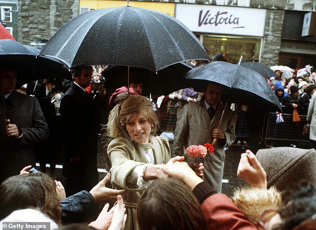 Diana holds the hands of well-wishers during her and the future King Charles's visit to Wales in 1981