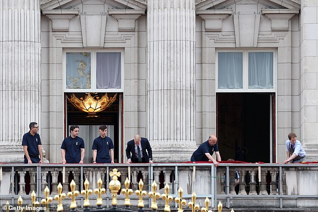 Final preparations for the Trooping the Colour took place on Saturday morning, including preparing the Buckingham Palace balcony for the royals' appearance