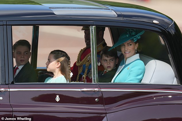 The Prince and Princess of Wales and their three children have been spotted arriving at Buckingham Palace ahead of today's Trooping the Colour ceremony to mark the King's birthday