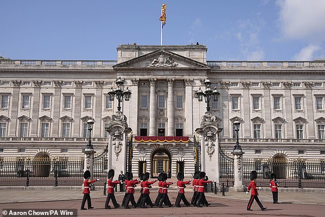 Members of the Foot Guards outside Buckingham Palace ahead of Trooping the Colour ceremony on Saturday