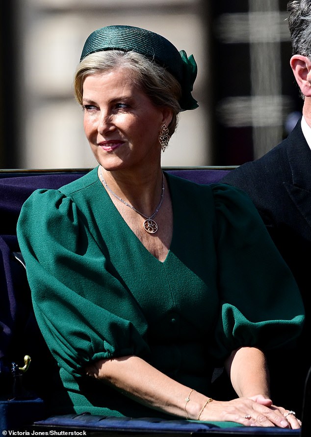 The Duchess of Edinburgh is pictured during today's Trooping the Colour as she rode in an open-top carriage