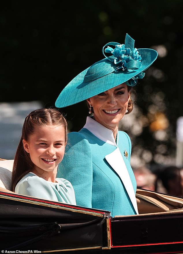 The Princess of Wales and Princess Charlotte are seen smiling broadly as they took part in the Trooping the Colour ceremony on Saturday