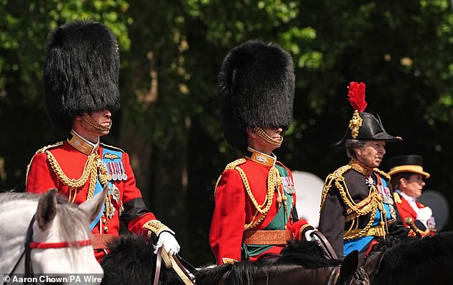 (L-R) The Prince of Wales, The Duke of Edinburgh and the Princess Royal leave Buckingham Palace on horseback as the parade gets underway