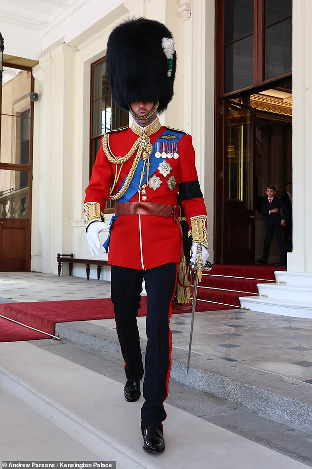 The Prince of Wales leaves Buckingham Palace to mount his horse and take part in the annual spectacle
