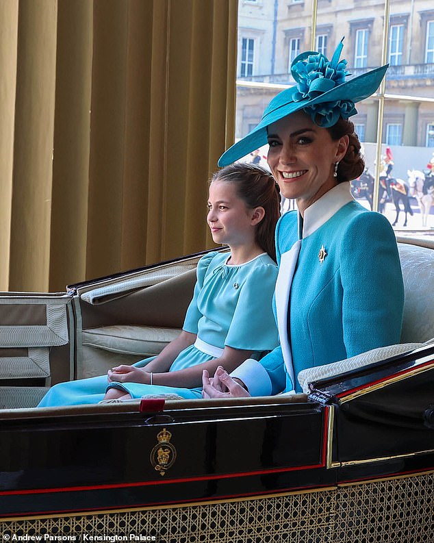 The Princess of Wales and Princess Charlotte are pictured in their matching blue and white outfits ahead of the parade this morning