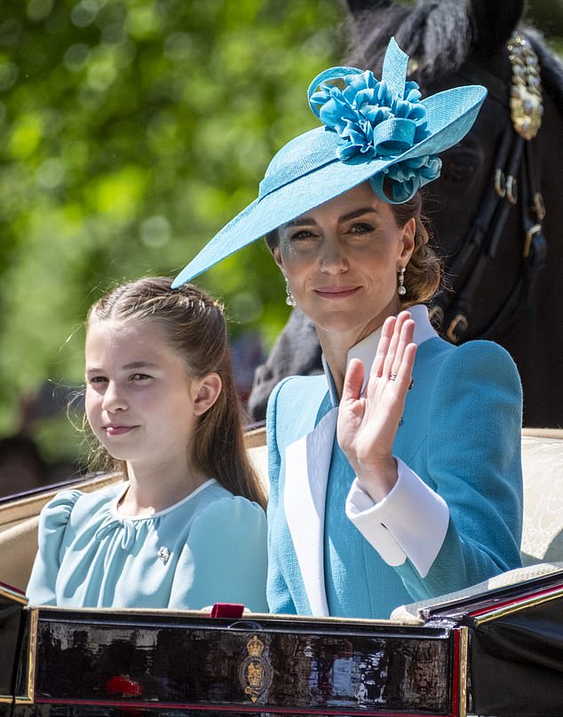 The Princess of Wales waves to crowds as she participates in the Trooping of the Colour