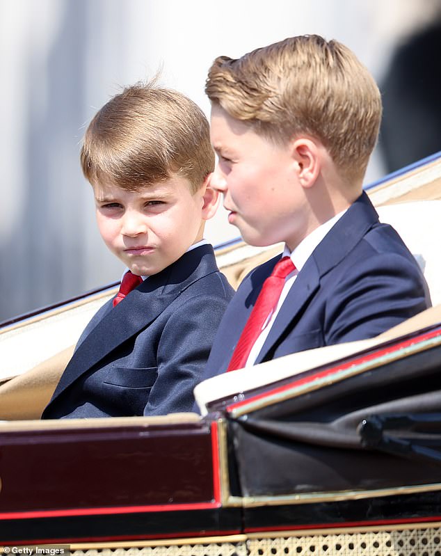 Prince George of Wales and Prince Louis of Wales travel by carriage during Trooping The Colour