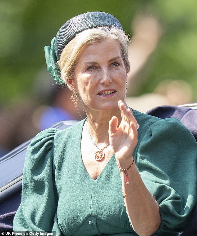 Sophie, the Duchess of Edinburgh, rode in a carriage and sported an elegant green dress and hat