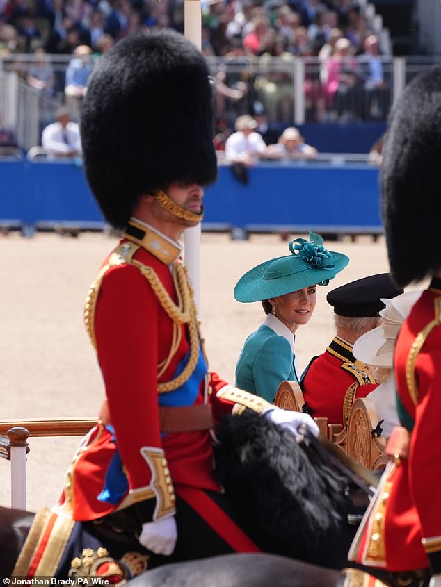 Body language expert described Kate's look at Prince William at Trooping the Colour today as a 'rather flirty, appreciative glance',