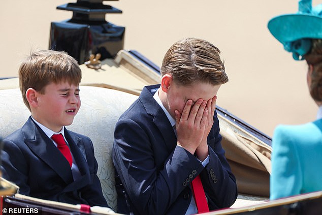 As their carriage pulled up outside the gates of Buckingham Palace, George couldn't help himself from laughing as Louis pulled funny faces while feigning exasperation as the cheekiest royal dramatically leaned back into his seat