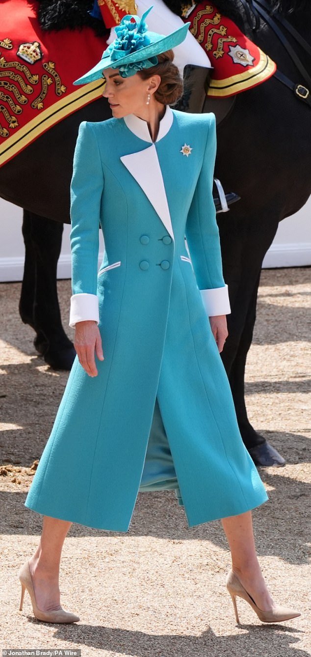 The Princess of Wales paid tribute to Princess Diana at Trooping the Colour on Saturday, selecting a turquoise and white suit dress by Catherine Walker