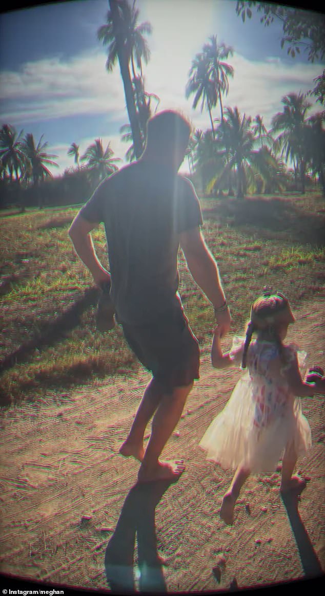 In one adorable clip, Harry is seen running barefoot with his daughter Lilibet