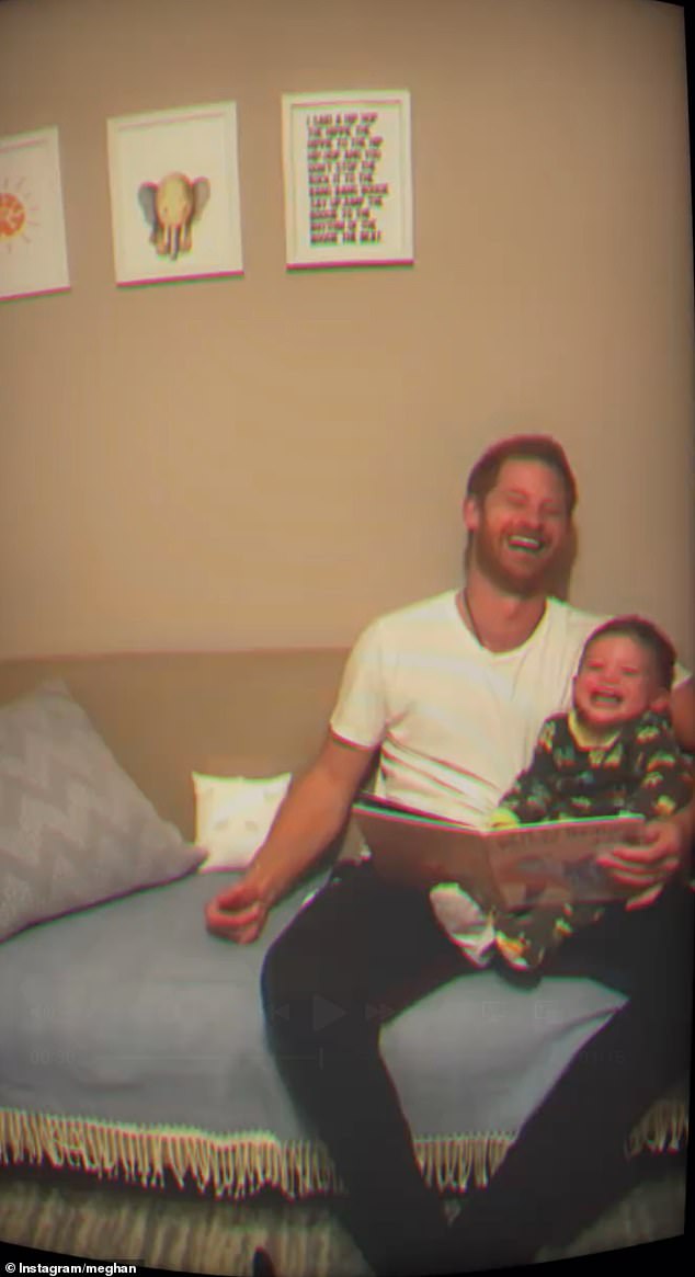 Harry is seen laughing with his son Archie as he reads him a bedtime story