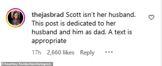 'Scott isn't her husband,' Instagram user @thejasbrad blasted. 'This post is dedicated to her husband and him as dad. A text is appropriate'
