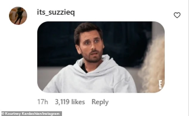 Instagram user @its_suzzieq commented on Kardashian's slideshow with a meme of the preppy 'Lord' Disick looking shocked