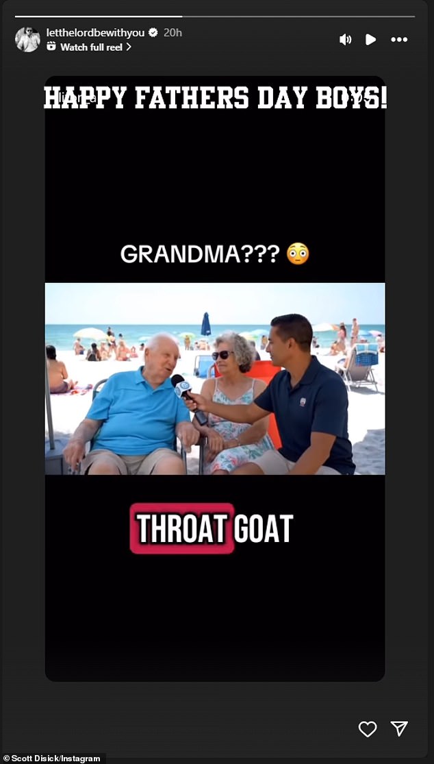 On Sunday, the real estate house flipper Instastoried a revolting video of an old man bragging about his wife having 'no gag reflex' which he captioned: 'Happy Father's Day boys!'