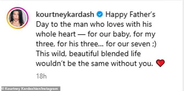 The Lemme co-founder captioned her Instagram slideshow: 'Happy Father's Day to the man who loves with his whole heart — for our baby, for my three, for his three… for our seven. This wild, beautiful blended life wouldn't be the same without you'