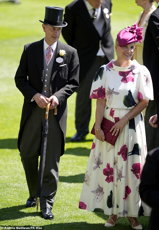Sophie (pictured with her husband the Duke of Edinburgh) looked radiant in a floral white and pink dress, which she teamed with a fuchsia hat