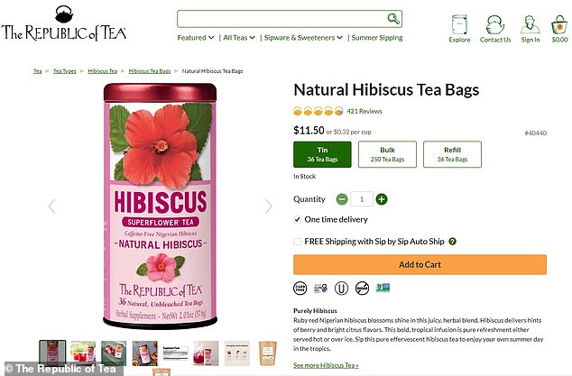 The Republic of Tea website sells 'Natural Hibiscus Tea Bags' with Nigerian hibiscus for $11.50 (£8.45) for 36 in a tin or 32c (24p) per cup; or $70 (£51.45) for 250 in a pack or 28c (21p) a cup