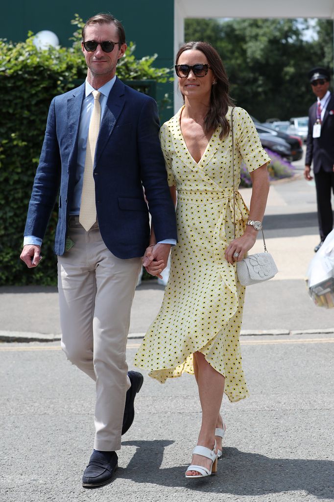 Pippa Middleton and James Matthews attend day 11, the Mens semi-finals at the Wimbledon 2019 Tennis Championships at All England Lawn Tennis and Croquet Club on July 12, 2019 in London, England