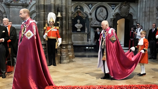 Britain's King Charles III, Sovereign Head of the Most Honourable Order of the Bath, and Prince William, Great Master of the Order, left, arrive for the Service for the Oath and Installation of the Great Master and the Knights Grand Cross, at Westminster Abbey in London, Friday May 16, 2025. AP/PTI(AP05_16_2025_000167A)(AP)