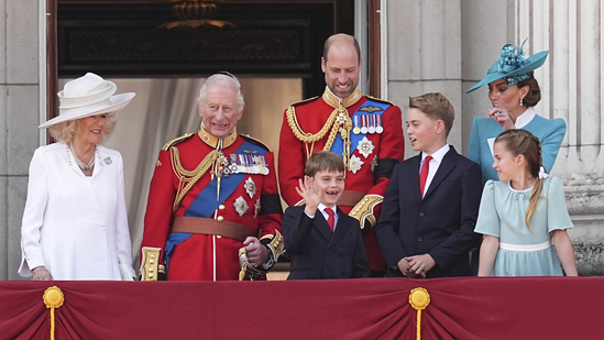 From left, Queen Camilla, King Charles III, Prince Louis, Prince William, Prince George, Kate Princess of Wales and Princess Charlotte on the balcony of Buckingham Palace, London, to view the flypast following, the Trooping the Colour ceremony in central London, as King Charles III celebrates his official birthday, Saturday June 14, 2025. (Aaron Chown/PA via AP)(AP)