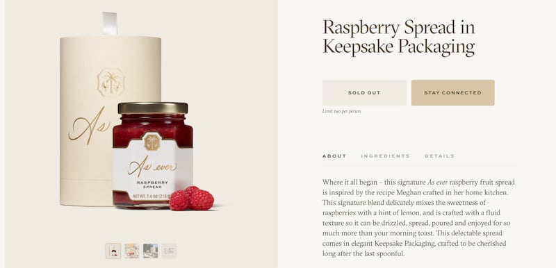 A shot of the product page from Meghan Markle's raspberry spread showing it is out of stock