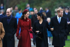 Prince William, Duke of Cambridge, Catherine, Duchess of Cambridge, Meghan, Duchess of Sussex and Prince Harry, Duke of Sussex arrive to attend Christmas Day Church service at Church of St Mary Magdalene on the Sandringham estate on December 25, 2018 in King's Lynn, England. (Photo by Stephen Pond/Getty Images)