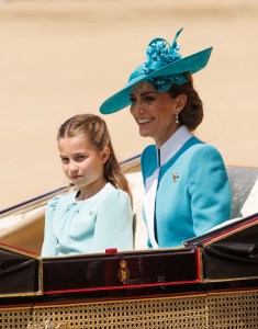 LONDON, ENGLAND - JUNE 14: Princess Charlotte of Wales, Catherine and Princess of Wales during Trooping The Colour 2025 on June 14, 2025 in London, England. Trooping The Colour is a ceremonial parade celebrating the official birthday of the British Monarch. The event features over 1,400 soldiers and officers, accompanied by 200 horses. More than 400 musicians from ten different bands and Corps of Drums march and while performing. (Photo by Mike Marsland/WireImage)